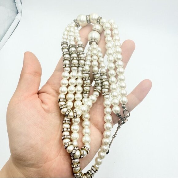 Three Strand White Glass Pearl Necklace with Crystal Accents - Picture 4 of 8